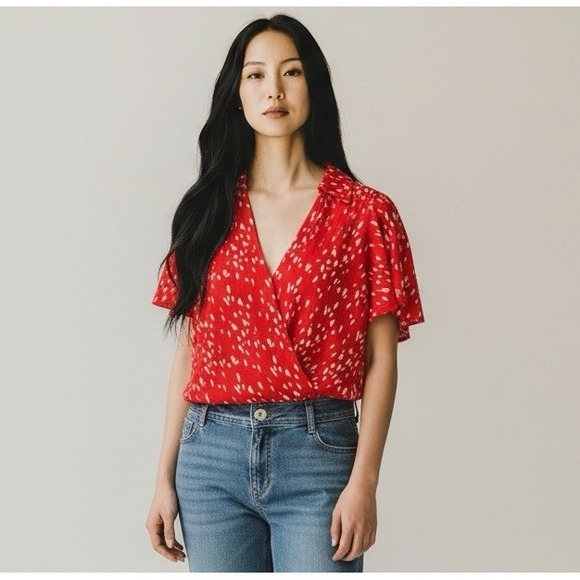Astr Tops - ASTR The Label Women's S Flutter Short Sleeve Crossover Micro Pleat Blouse Red D